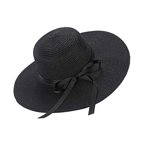 Cappelli da Sole per Donna Cappello da Spiaggia in Paglia di Bowknot a Tesa Larga a Tesa Larga Cappello Pieghevole Pieghevole UPF UV Floppy (Black)