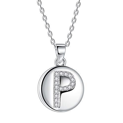 Collana da donna con lettera iniziale P, pendente a disco in argento 925 con zirconi cubici AAA, lunghezza catena 40 + 5 cm