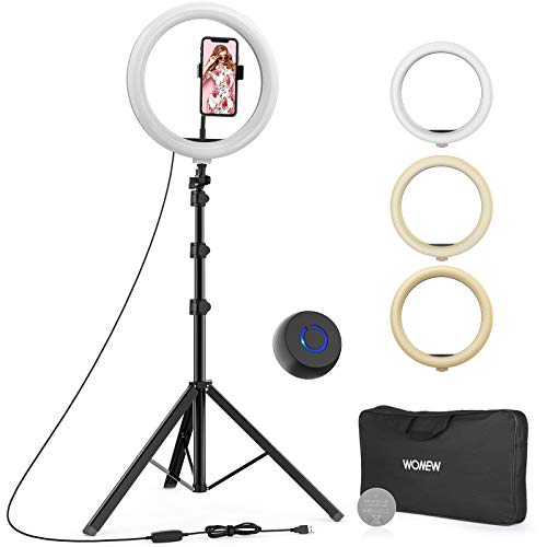 WONEW Luce ad Anello LED 12’’ con Stativo Treppiede, Luce Anello Dimmerabile per Selfie, con Telecomando Bluetooth, Porta Cellulare, Treppiedi per Tik Tok/YouTube/Streaming Live/Trucco/Fotografia