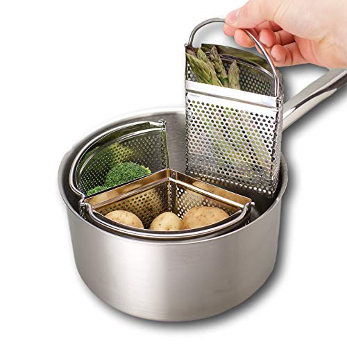 Triplo divisore e divisore per casseruola - Risparmia energia e spazio durante la cottura. Filtro in acciaio inossidabile da 18 cm a tre pezzi. Verdure, patate, pasta, cozze. Pan non incluso.