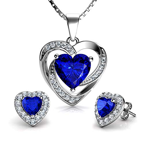 DEPHINI - Set collana e orecchini a cuore blu - argento Sterling 925 - cristallo orecchini e ciondolo portafortuna - set di gioielli da donna - zirconia cubica