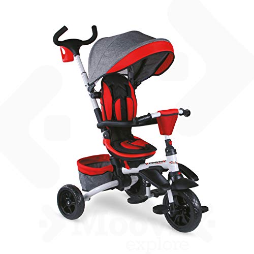 Mondo On&Go - Moovi Explore Triciclo / Passeggino per Bambini - Maniglione a Spinta, tenda parasole, cesto porta oggetti - da 12 mesi fino a 5 anni - colore Rosso