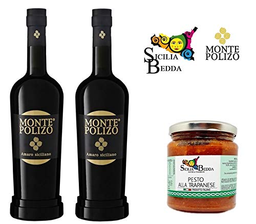 Sicilia Bedda - BOX 2 BOTTIGLIE di AMARO MONTE POLIZO con OMAGGIO di Pesto Trapanese - IDEA REGALO (2 Bottiglie da 70 Cl con Pesto Trapanese 90 Grammi)