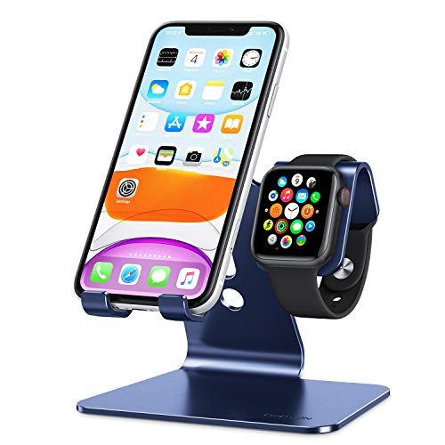 OMOTON 2 in 1 Supporto per Apple Watch, Stand Tavolo per iPhone e iWatch, Dock per Apple Watch SE/6/5/4/3/2/1(38 mm/40 mm/42 mm/44 mm), Porta Compatibile con iPhone 12, SE 2020, 11 PRO, XS Max, Blu