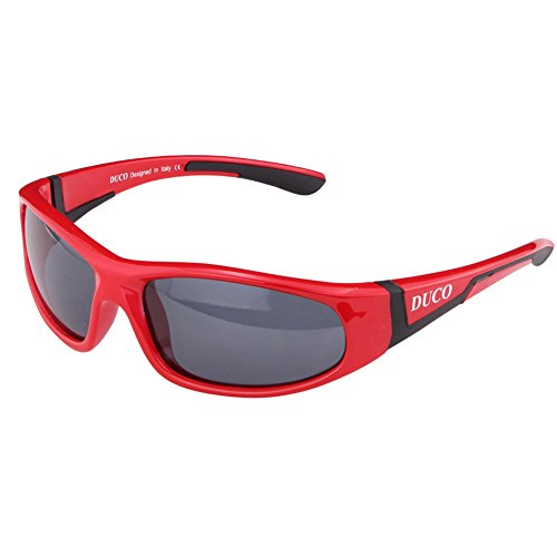 DUCO Kids sport stile polarizzato occhiali da sole in gomma telaio flessibile per ragazzi e ragazze (Rosso 002)