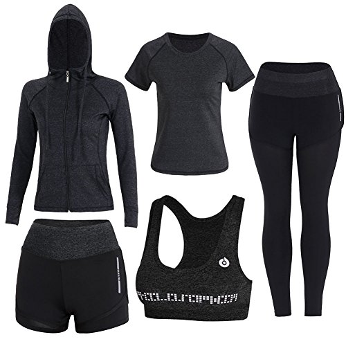 BOTRE 5 Pezzi Tute da Ginnastica Donna Tute Sportive Yoga Fitness Palestra Running Jogging Completi Sportivi Abbigliamento (Nero, XL)