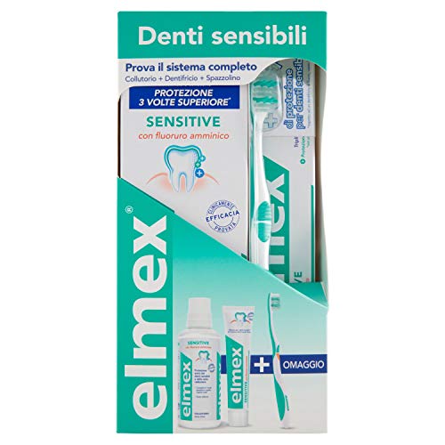 elmex 3-in-1, Pack Igiene Orale con Dentifricio, Spazzolino da Denti e Collutorio per Denti Sensibili