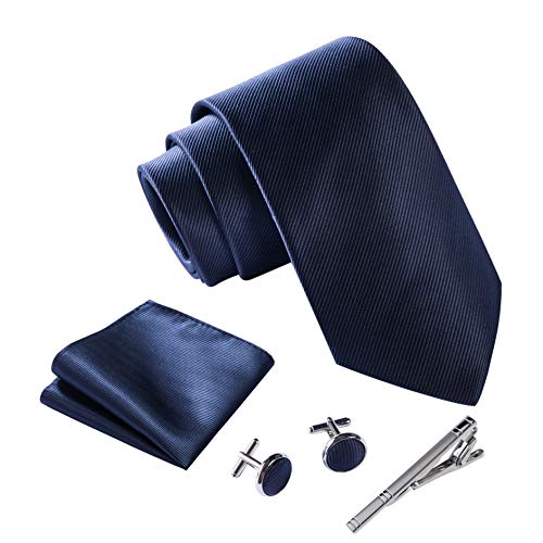 Massi Morino ® Cravatta uomo + Gemelli + Fazzoletto (Set cravatta uomo) regalo uomo con confezione regalo (Blu scuro)