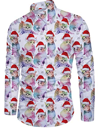 Idgreatim Mens Brutto Natale Xmas Cat Camicie Stampate Manica Lunga abbottonatura Regolare Uomo Classico Natale