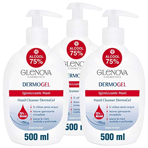 3x Flaconi Gel per le Mani GLENOVA 500ml Alcool >75% Dispenser Igienizzante Antibatterico Profumato con Dosatore Azione rapida Efficace Contro Germi e Batteri