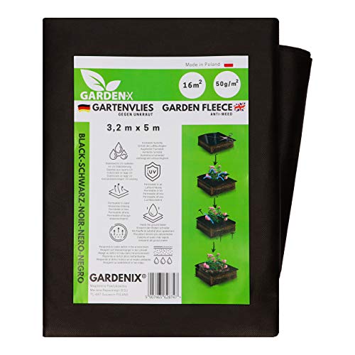 GARDENIX® 16 m² Tessuto Non Tessuto Anti Erbacce, Peso 50 g/m², Stabilizzazione UV, Nero (3,2m x 5m)