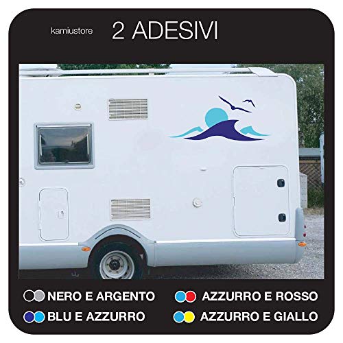kamiustore Adesivo Tramonto su Onde per Camper, roulotte e Barche in Vinile - Kit 12 Adesivi componibile (Blu/Azzurro)