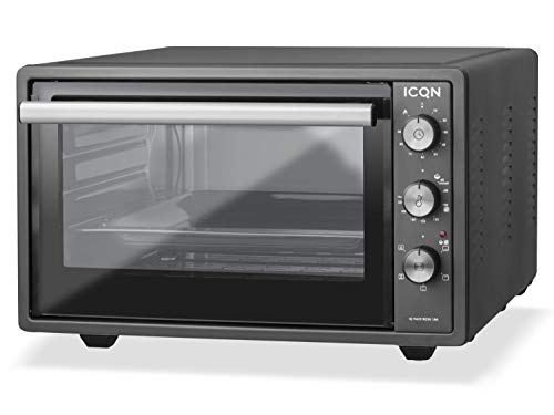 ICQN Mini forno da 42 litri, 1600 W, ricircolo, forno per pizza, doppia vetratura, timer, set di teglia da forno, mini forno elettrico, 40°-230°C, smaltato, colore: nero