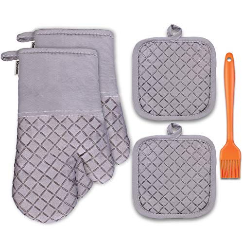 Set da cucina con guanti e presine in cotone 5pcs, 500 ℉ di Guanti da Forno Resistenti al Calore con un Silicone Pennelli da cucina per Cucinare, Cuocere al Forno, Grigliare