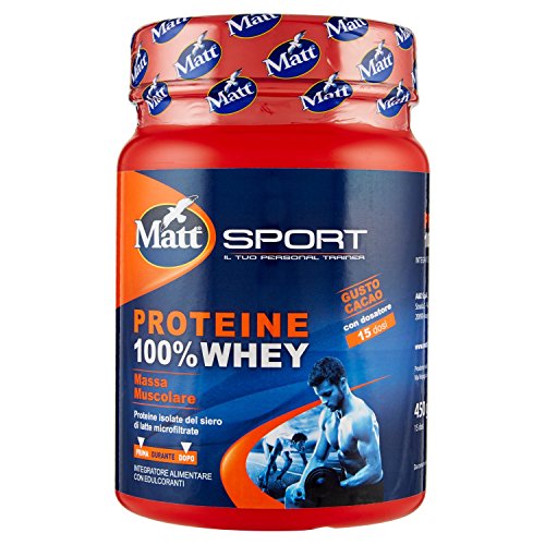 Matt Sport - Proteine 100% Whey 450g- Integratore Proteine Isolate del Siero di Latte in Polvere - Promuove la Crescita e il Mantenimento della Massa Muscolare - Bevanda al Gusto Cioccolato