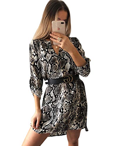 JLTPH Abito da Donna Vestito con Scollo a V Maniche Lunghe in Pelle di Serpente Stampa Leopardata Abito Corto Abiti Senza Cintura Maglietta Asimmetrica Casual Top Camicetta