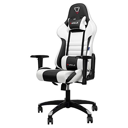 Furgle Sedia Gaming Gioco Sedie da Ufficio Girevole Ergonomica Poggiapiedi Retrattile Poltrona di PU Gaming con Poggiapiedi (Bianco & Nero)