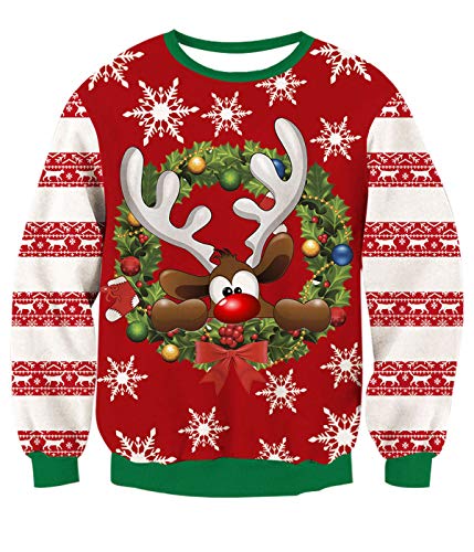 TUONROAD Uomo Christmas Sweatshirt Cervo 3D Stampato Ugly Xmas Pullover Donna Crewneck Funny Sweater Maglione di Natale Unisex - M