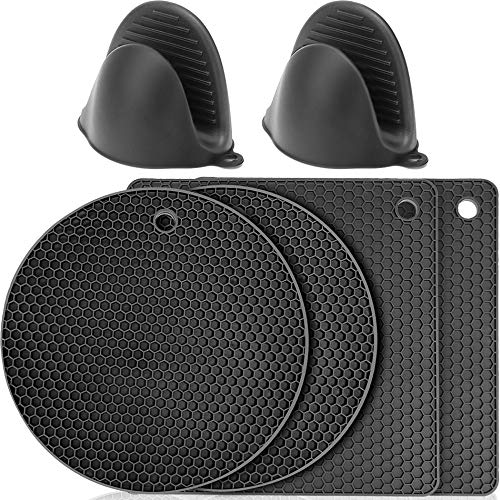 HAUSPROFI Presine in Silicone 6 Pz., Sottopentola Silicone 4 Pz.- 1 Paio Guanti con Supporto per Pentole o Forno, Resistenti al Calore Fino a 250 °C , Antiscivolo, Anti-Scottatura, Colore Nero