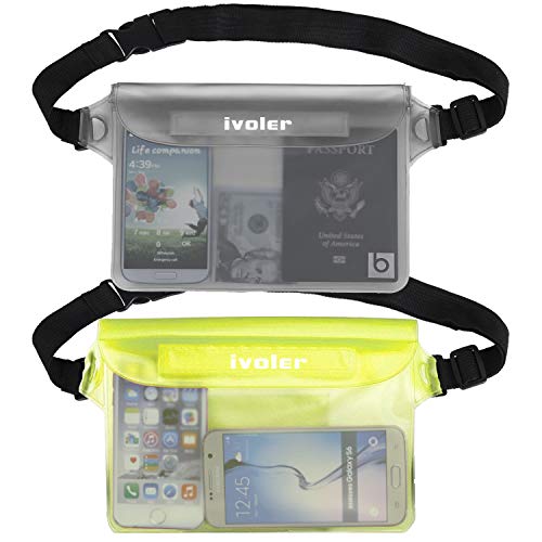 ivoler [2 Pezzi] Borsa Impermeabile Custodia Impermeabile con Cintura Vita per Cellulari, Fotocamera, Portafoglio, Sacca Impermeabile Marsupio per Sport Pesca Vela Escursione (Grigio+Giallo)