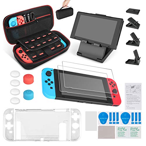 Keten Kit Accessori 13 in 1 per Nintendo Switch, Include Custodia da Trasporto per Nintendo Switch/Cover Protettiva Trasparente/Supporto Regolabile/Pellicola Protettiva HD(Confezione 2)