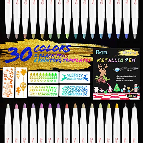 RATEL Pennarelli Metallici 30 Colori Brillanti Metallic Penne 2 penna nera,6 modelli di carta per pitturaper Artigianato d'Arte Fai-da-Te,Pittura rupestre,Album Fotografico,Ceramica,Vetro -Bene Mancia