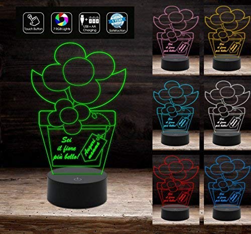 Pianta con fiore e frase personalizzata IDEA REGALO originale compleanno FESTA DELLA MAMMA Lampada luce notturna con 7 colori a led selezionabili