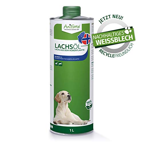 AniForte Olio di Salmone Premium per cani e gatti 1 litro - Spremuto a freddo con acidi grassi Omega 3 e Omega 6, Olio di pesce per cuccioli, Adulto, Senior, Imballaggio riciclabile senza BPA