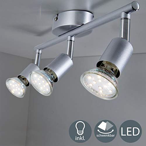 B.K.Licht - Plafoniera LED orientabile, include 3 lampadine LED GU10 da 3 W, 250 lm, luce calda, metallo color titanio, faretto da soffitto LED, lampada da soffitto moderna, 230 V, IP20