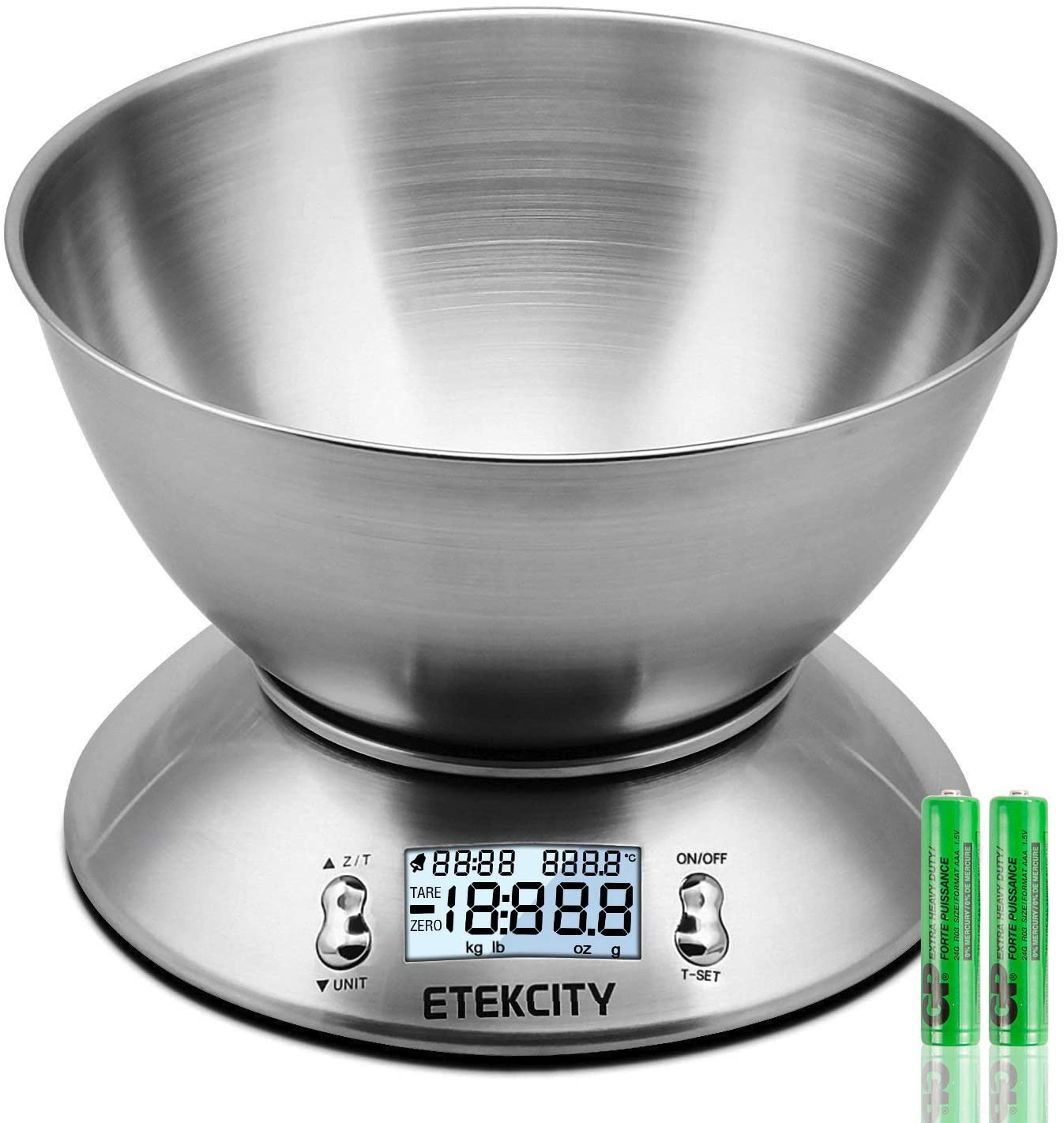 Etekcity Bilancia da Cucina Elettronica in Acciaio Inossidabile 5kg/ 11lb, Ciotola Mescolata, Timer Allarme, Indicatore Temperatura, Display Retroilluminato, Argento