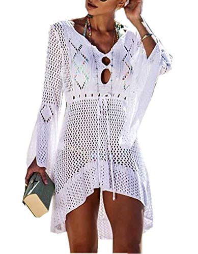 Jinsha Abito da Spiaggia Allentato da Donna Bikini Allentato a Manica Lunga con Scollo a V Coprire Costumi da Bagno Coprire Tunica fluida Camicetta per Le Vacanze(White)