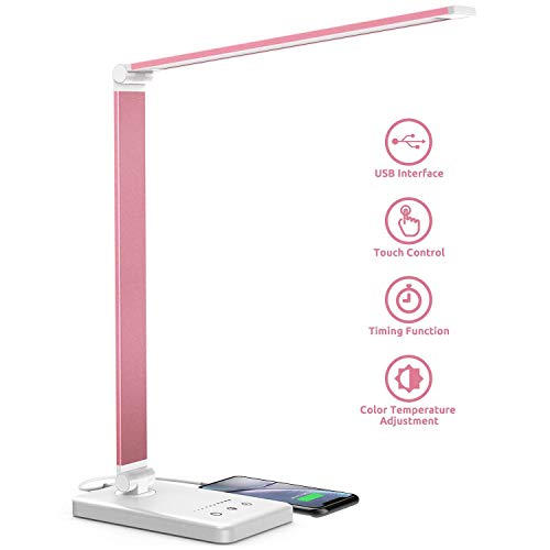 Veramz Lampada da Scrivania LED, Lampada da Tavolo, 5 Modalità Colore, 10 Luminosità Dimmerabili, Funzione di Cronometraggio, Tocco-Controllo, Ricarica USB per Smartphone-Rosa