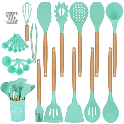 Duerer Set di Utensili da Cucina, 36 Pezzi Set di Utensili da Cucina in Silicone, Strumento di Cottura Antiaderente Resistente al Calore con Manico in Legno