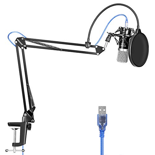 Neewer Microfono a USB per Windows Mac con Stand Asta di Sospensione Braccio a Forbici Supporto Anti-vibrazione Filtro Pop Cavo USB Serratura da Tavolo per Trasmissioni Registrazioni Sonore Nero