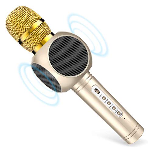 Microfono Senza Fili Wireless per Karaoke, Portatile con 2 Altoparlanti Incorporati, 3.5mm AUX e Batteria da 2600mAh, Registrazione Compatibile con PC / iPad / iPhone / Smartphone, colore Oro