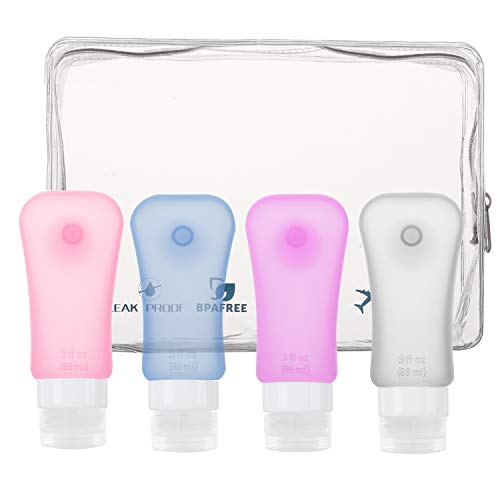 MoKo Bottiglie da Viaggio in Silicone, 4x 89ml Contenitori con Ventosa Riutilizzabili Comprimibili per Shampoo Balsamo Crema Lozione, per Viaggio in Aereo, Senza BPA, Approvato dalla FDA, Multi Colori