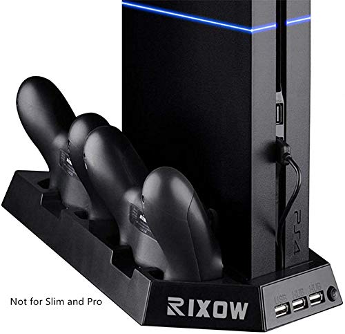 PS4 Ventola di Raffreddamento,Rixow Supporto Verticale di PS4, Controller Stazione Verticale per PS4, Doppio Ventole e Doppio Stazioni Ricarica