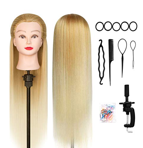 Testa per parrucchiere, DanseeMeibr 66cm Testa di manichino con capelli allenamento Cosmetologia da bambola per treccia 100% fibra sintetica con morsetto + styling dei capelli accessori B