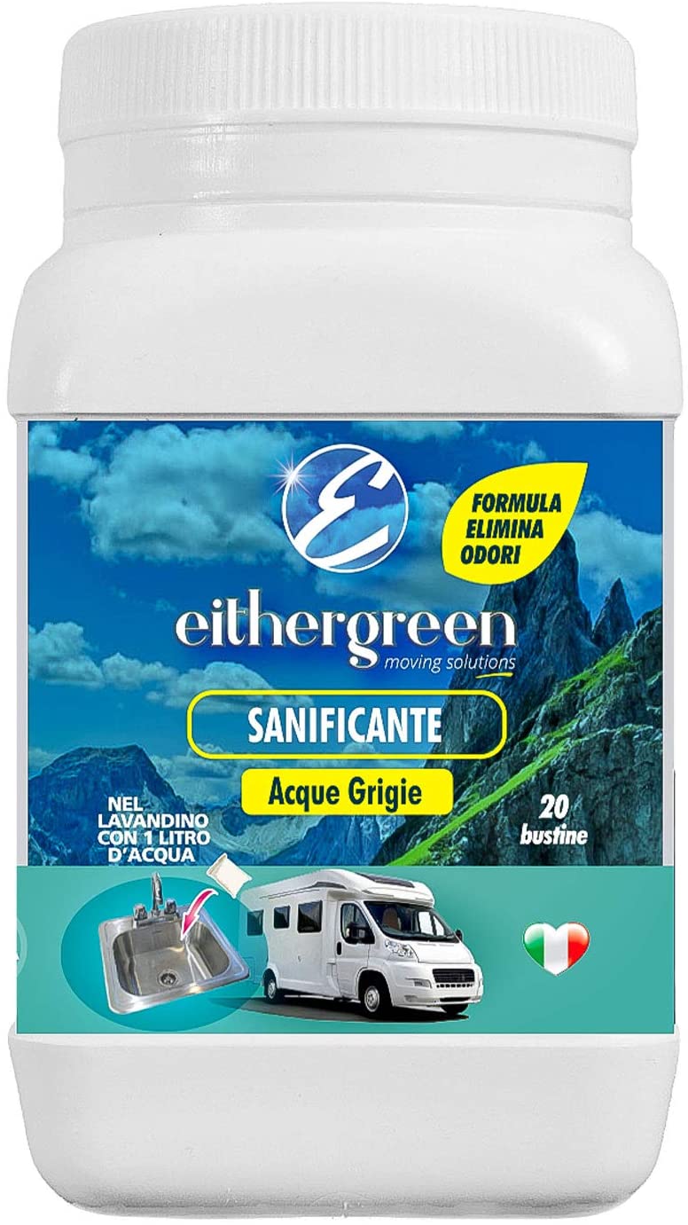 Eithergreen SANIFICANTE - Elimina odori per acque grigie - per lavandini, bagni e doccie di camper, caravan e roulotte - 20 bustine idrosolubili da 20g