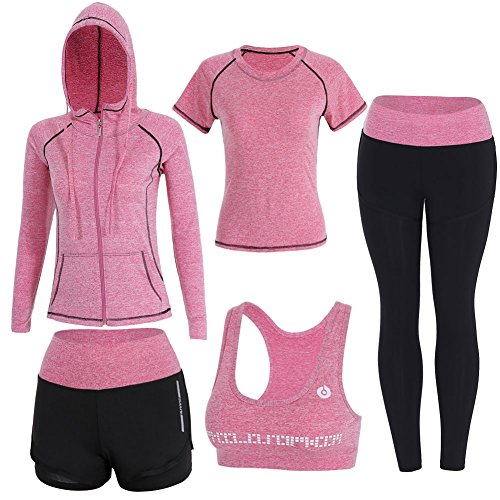 BOTRE 5 Pezzi Tute da Ginnastica Donna Tute Sportive Yoga Fitness Palestra Running Jogging Completi Sportivi Abbigliamento (Rosa, S)