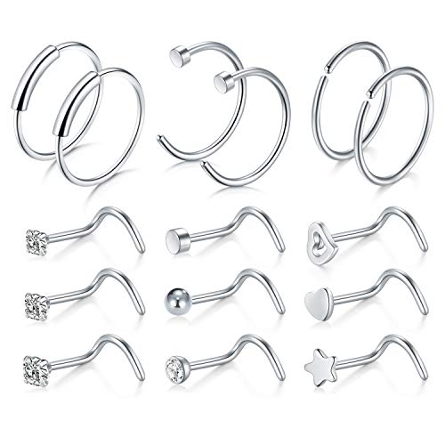 15 Pezzi 20G Acciaio inossidabile Piercing Naso Anello Piercing Finto Piercing Labbro Donna Uomo Piercing Gioielli - Argento