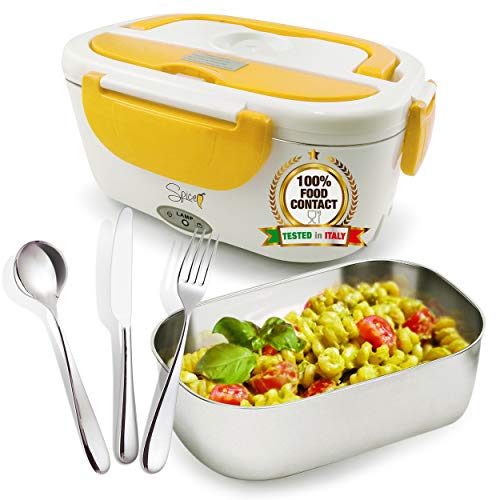 SPICE - Amarillo Inox scaldavivande Elettrico vaschetta Estraibile Acciaio Inox - Coperchio con Guarnizione - Portatile Box portavivande Termico (1,5 L + Set Posate)