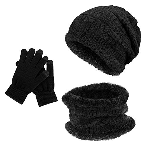 Gifort Caldo cappello lavorato a maglia e guanti touch screen, Unisex 3 pezzi cappello e sciarpa Set per uomo donna Fitness Outdoor Sport Jogging Sci escursionismo