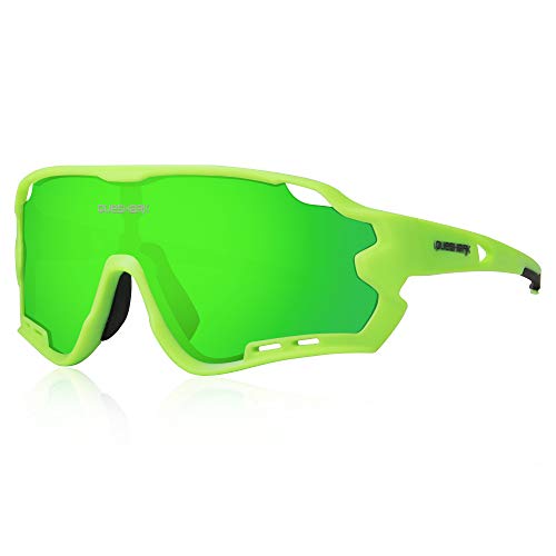 Queshark Polarizzati Occhiali Ciclismo con 4 Lenti Intercambiabili Occhiali Bici Occhiali Sportivi da Sole Anti UV da Uomo Donna per Corsa,MTB (Verde)