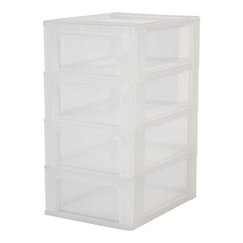 Iris Ohyama, torre di stoccaggio 4 cassetti - Organizer Chest - OCH-2004, plastica, bianco satinato / trasparente, 28 L, 26 x 35.5 x 49 cm