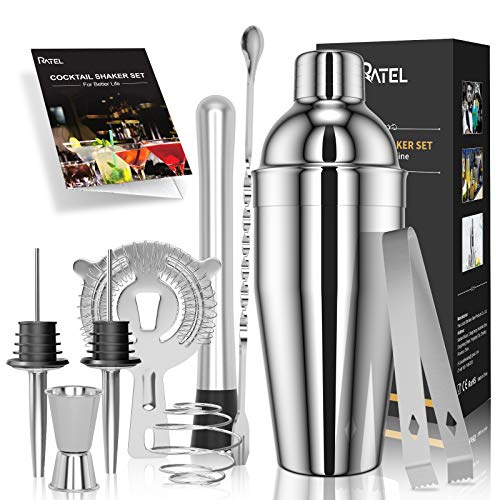 RATEL Set 9 Pezzi Cocktail, Set Shaker in Acciaio Inossidabile, Strumento Accessorio Barra Professionale, Kit per Cocktail con Shaker da 750 Ml, Filtro, Pinze per Ghiaccio, Libro Cocktail ECC