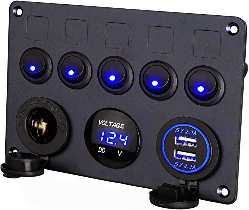 Thlevel Pannello interruttore a bilanciere con 5 interruttori on/off, impermeabile, con voltmetro digitale 4,2 A, doppia presa USB per accendisigari, per camper, auto, barche, camion, rimorchi, yacht