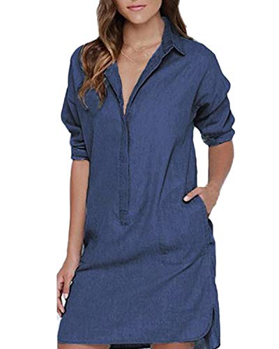 Auxo Abito Sexy da Donna Camicia a Maniche Lunghe Scollo a V Casuale Casuale Allentato Top Camicetta Abiti Mini Jean Blu S