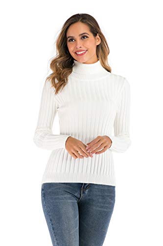 Enjoyoself Donna Maglione Elegante Collo Alto Maniche Lunghe Pullover Accollato Maglia a Maglieria Dolcevita Classico Invernale-Bianco-1, S