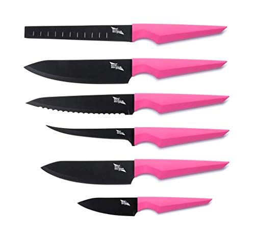 Precision Extended - Set di Coltelli da Cucina - 6 Pezzi - Impugnatura Ergonomica Rivestita in Gomma | Impugnatura Leggera | Lame Antiaderenti (Rosa)